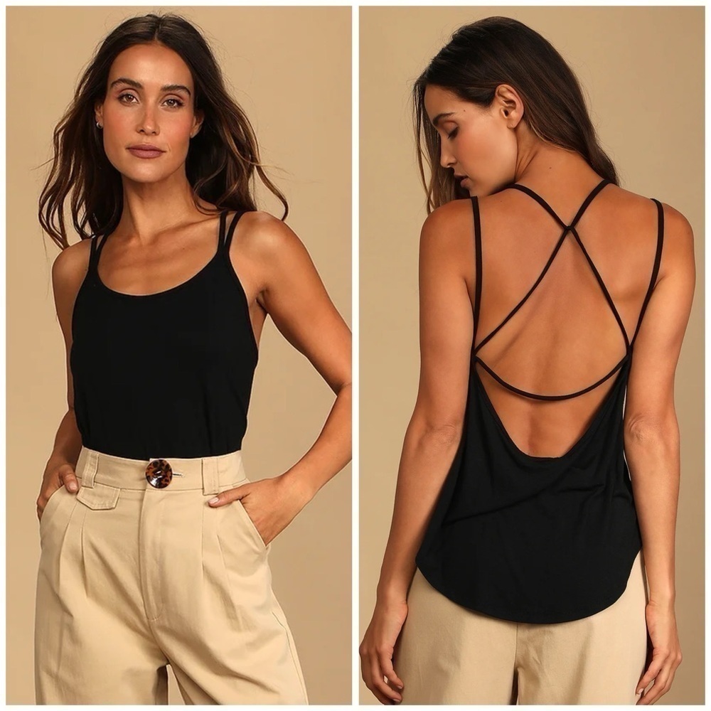 LULU’S Strap In Black Strappy Back Camo Tank Top